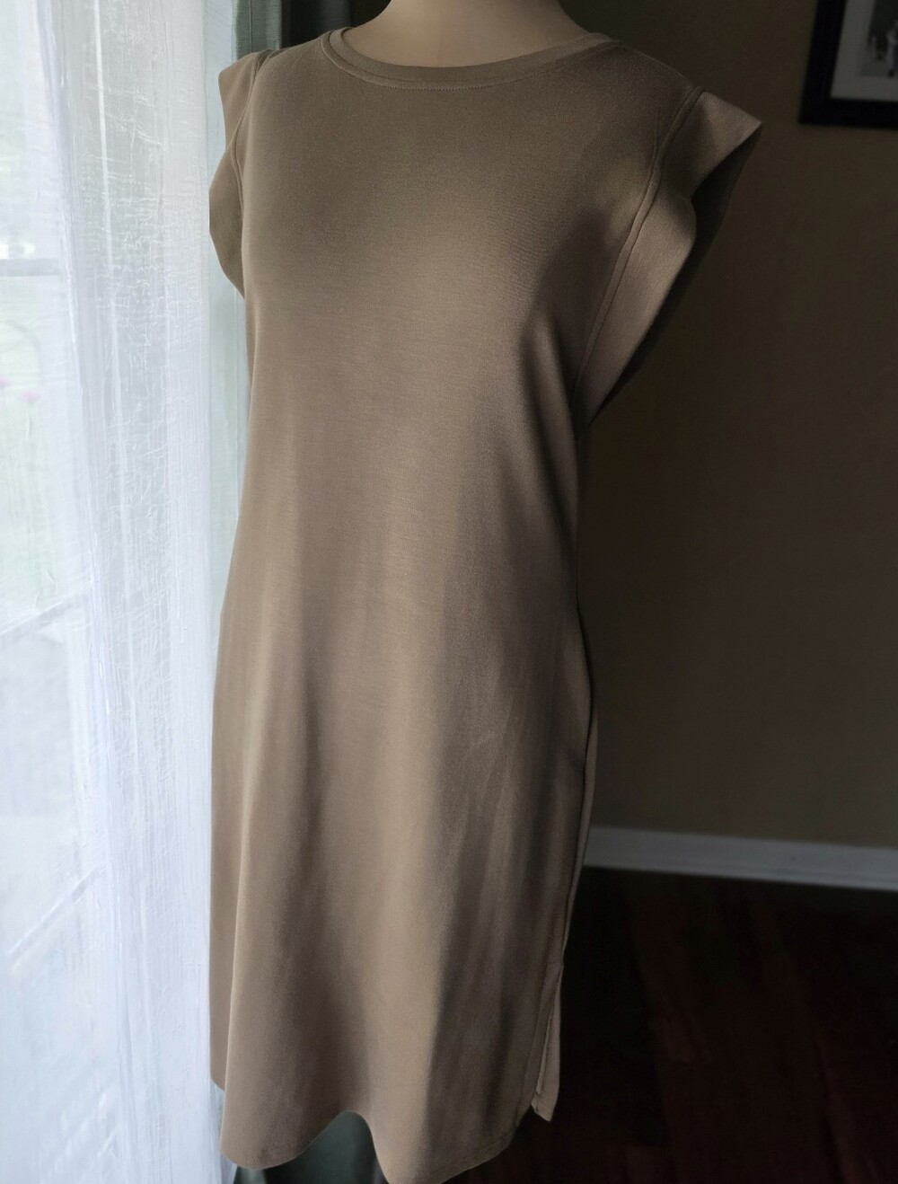 Taupe Tan Cap Ruffle Sleeve Shift Dress Neutral Minimalist Capsule Knee Medium